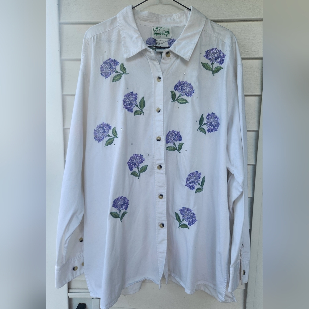 White Cotton Long Sleeved Purple Lilac Collared Button-down Top 2X